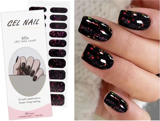Luxora™ UV Gel Nail Strips – Black Rainbow Glitter