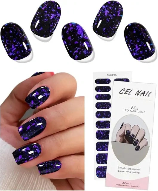 Luxora™ UV Gel Nail Strips – Midnight Purple Flakes